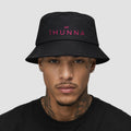 Black Casual Bucket Hat with pink 1HUNNA branding – front worn view