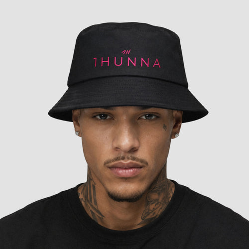 Black Casual Bucket Hat with pink 1HUNNA branding – front worn view
