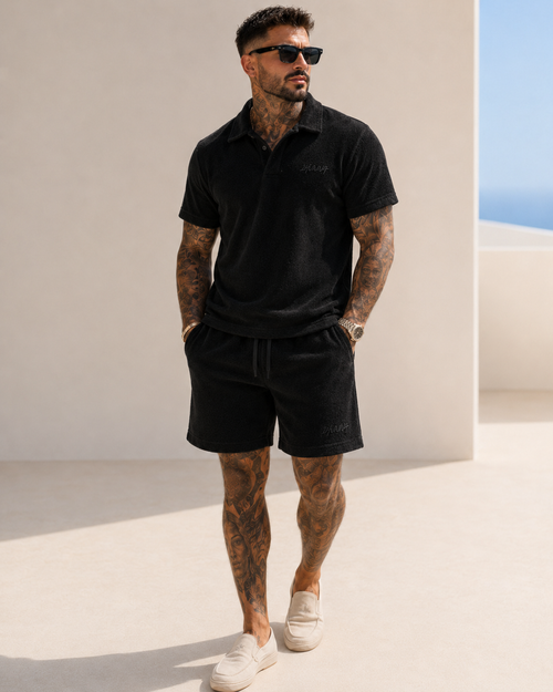 Casual Terry Polo & Shorts -  Black | 1HUNNA