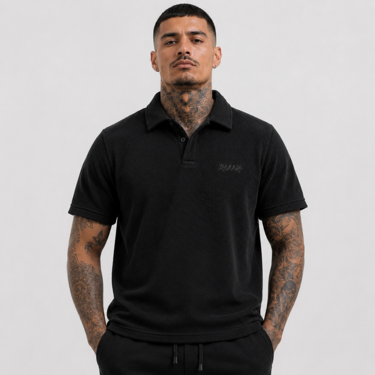 1HUNNA Casual Terry Polo in black – front worn view
