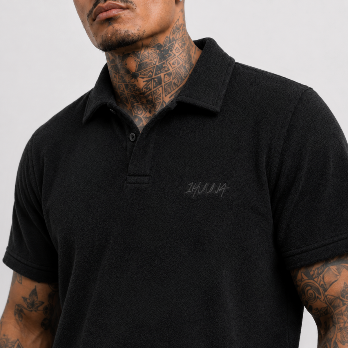 1HUNNA Casual Terry Polo in black – side worn view