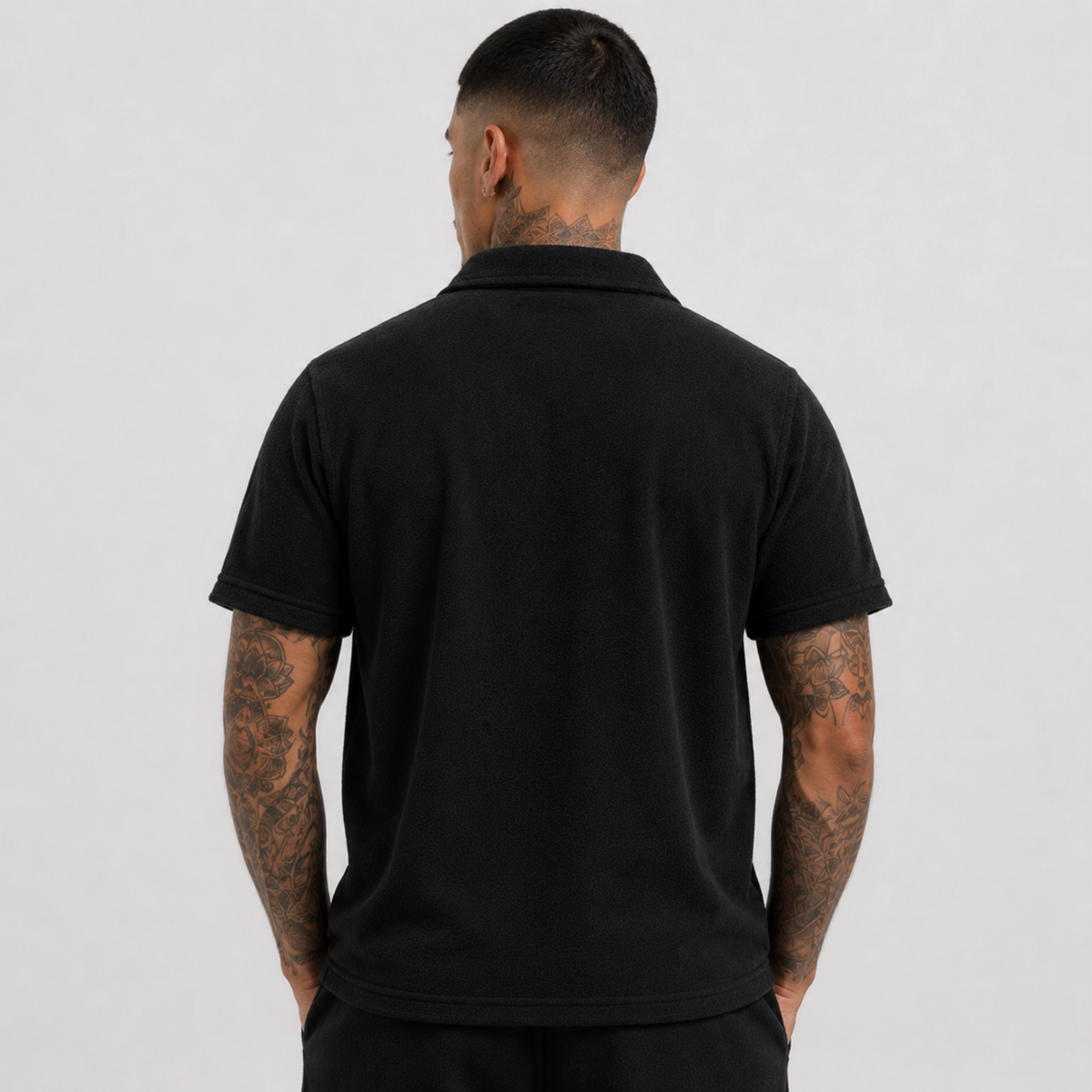 1HUNNA Casual Terry Polo in black – back worn view