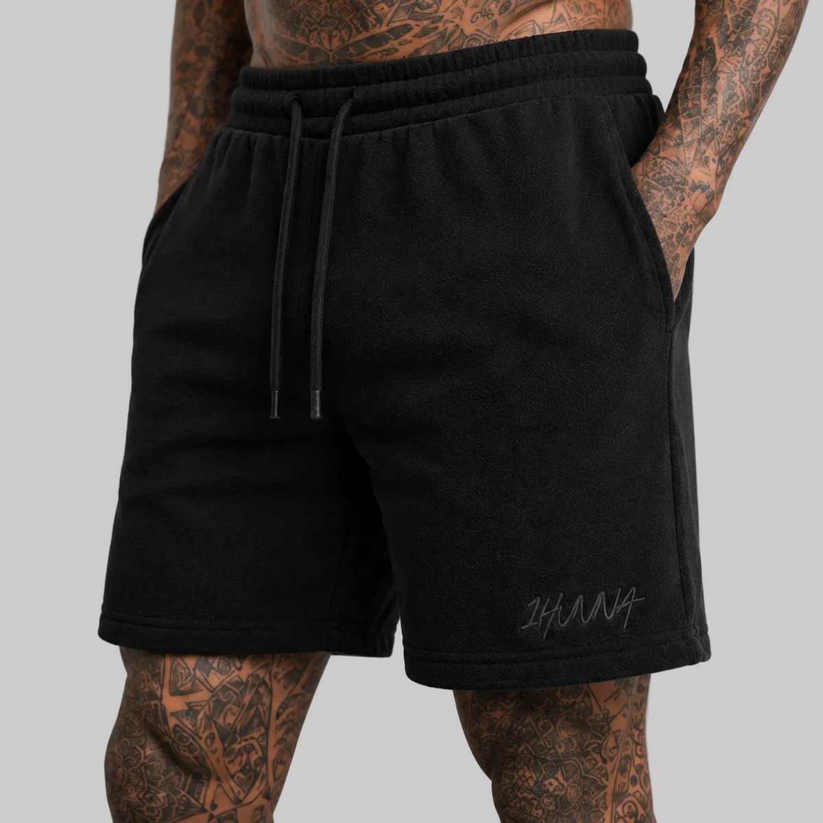 1HUNNA Casual Terry Shorts in black – front view