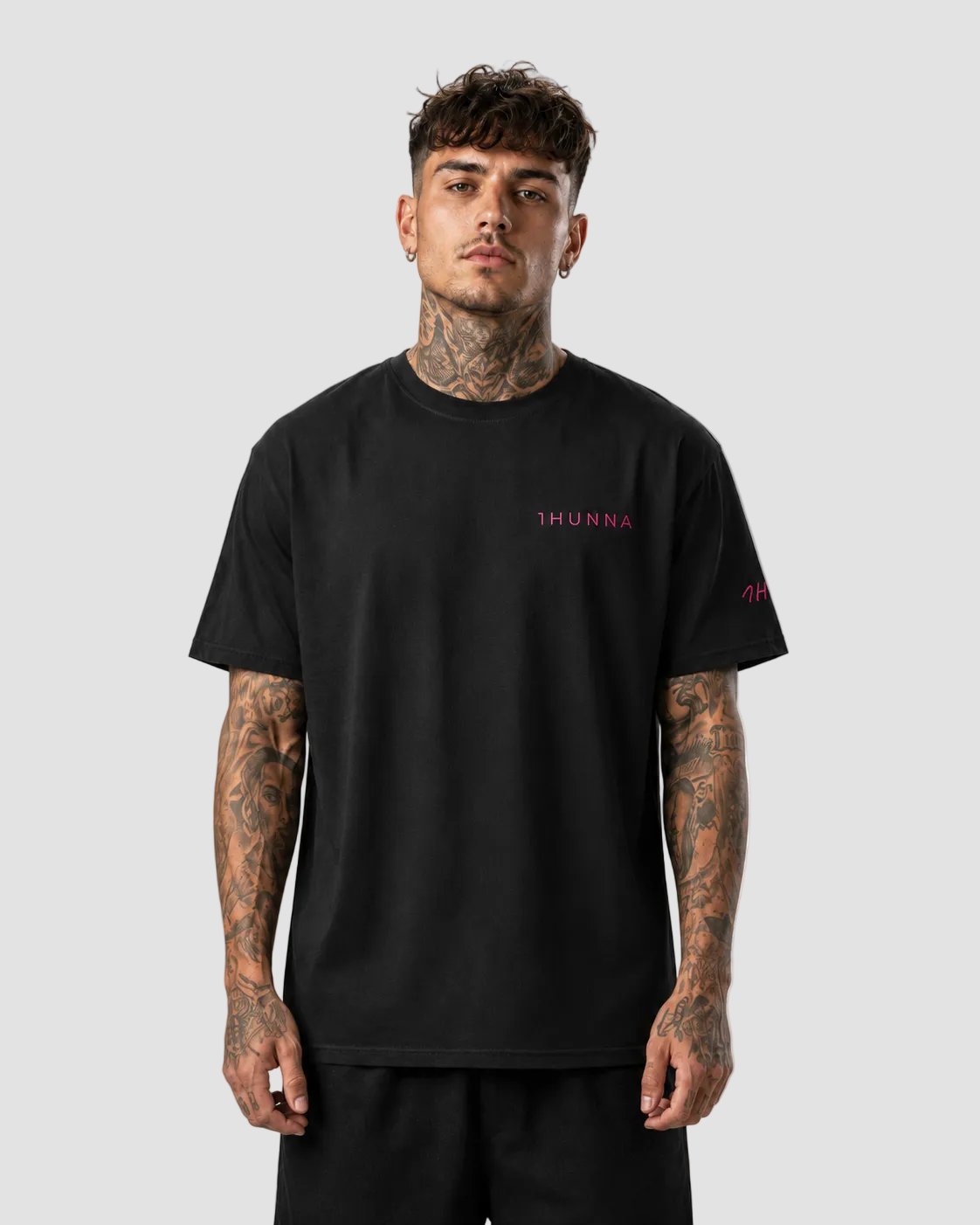 Black Gallery 009 We Own The Night T-shirt – front with pink chest and sleeve marks