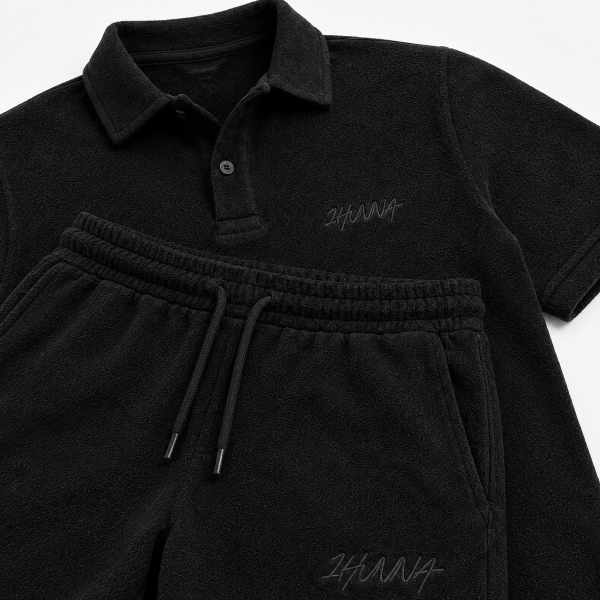 1HUNNA Casual Terry Set in black – polo and shorts detail