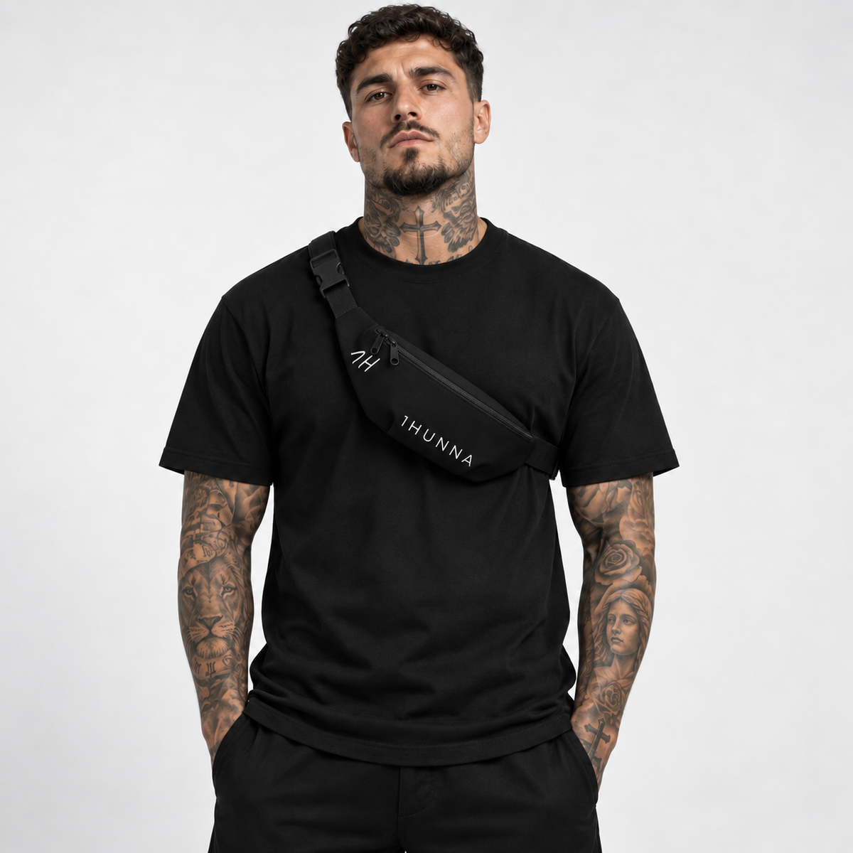 Black Signature 1H Bumbag with light 1HUNNA branding – front worn view