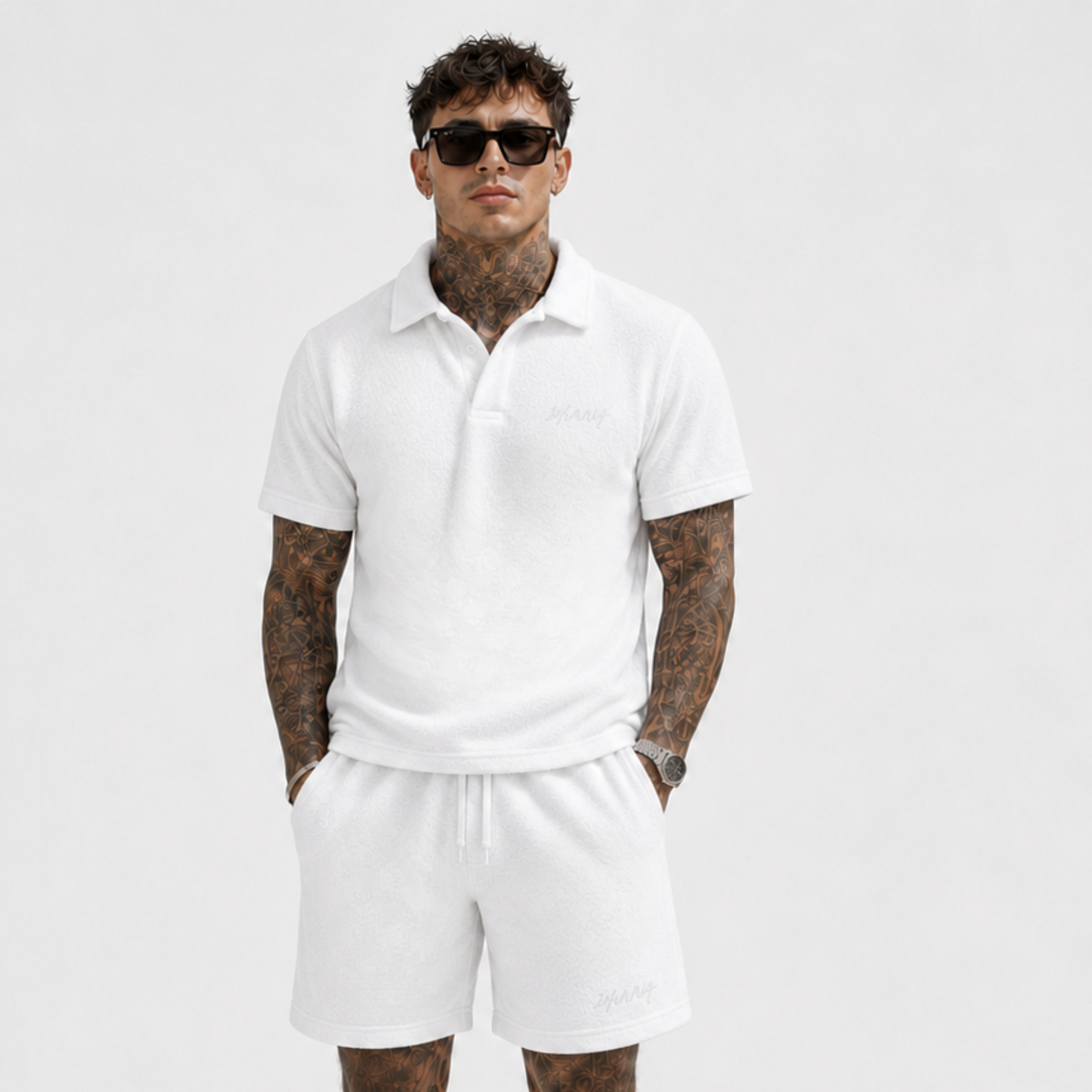 Casual Terry Polo & Shorts Set – White | 1HUNNA