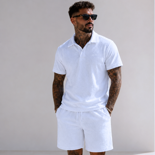 Casual Terry Polo & Shorts Set – White | 1HUNNA